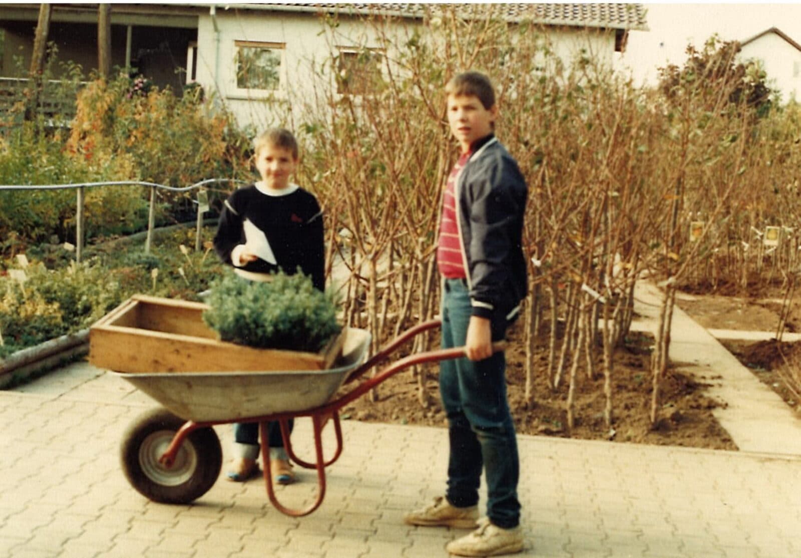 Historische Aufnahme aus der Baumschule: Kinder mit Schubkarre zwischen den Pflanzreihen